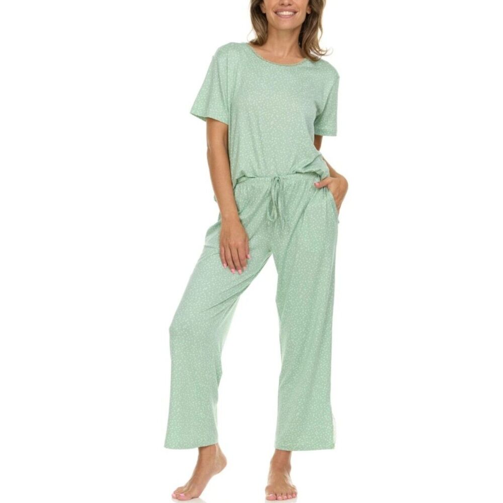 NEW Green Print Sz XS Soft Stretchy 2 Pc Short Sleeve Pajama Set FLORA NIKROOZ